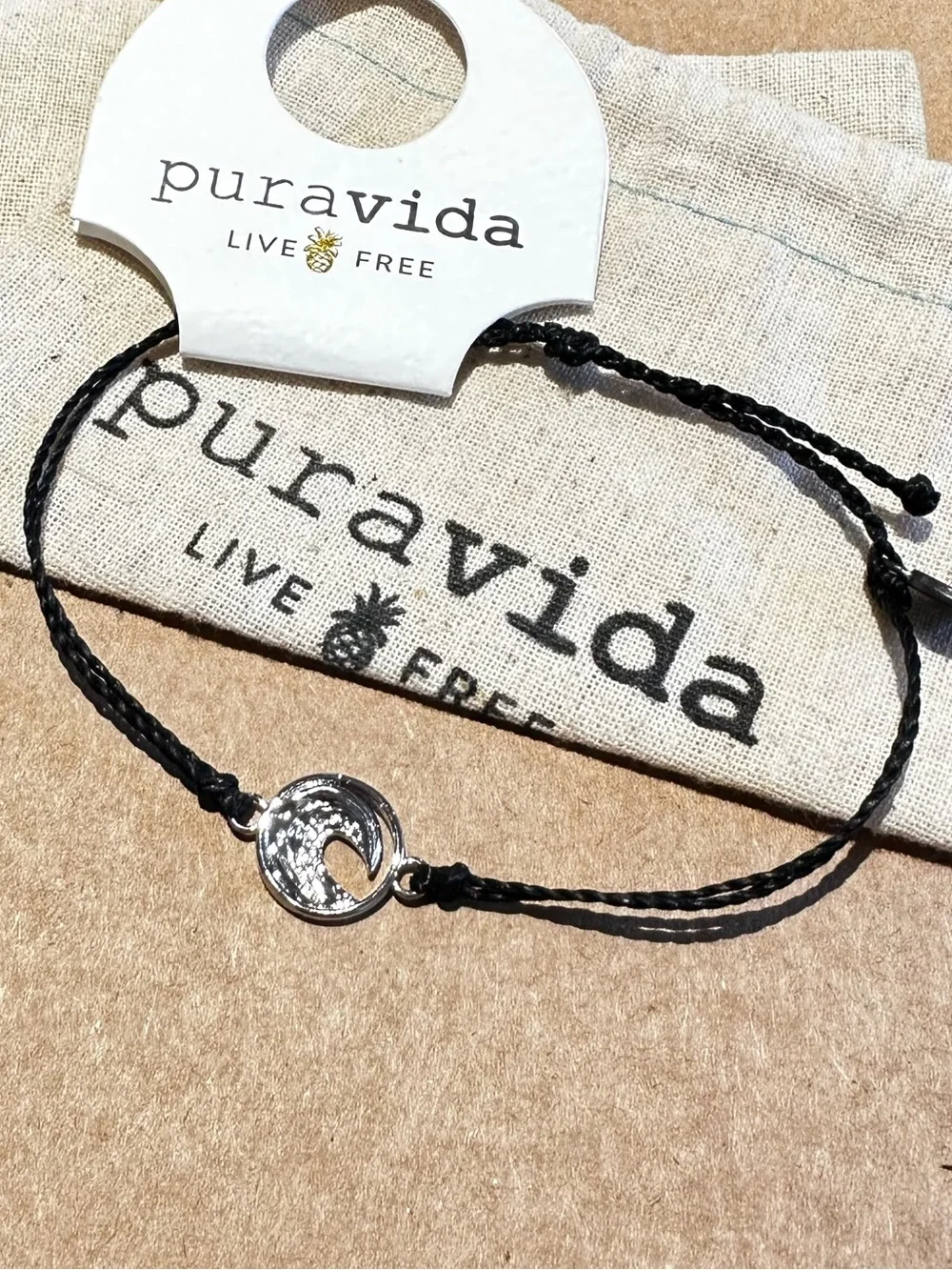 PURA VIDA Silver Swell Charm On Black Bracelet NEW Unisex Last one!